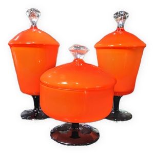 Czech Tango Enamel Art Glass Nouveau Lidded Dish Set Of 3 Czechoslovakia Orange